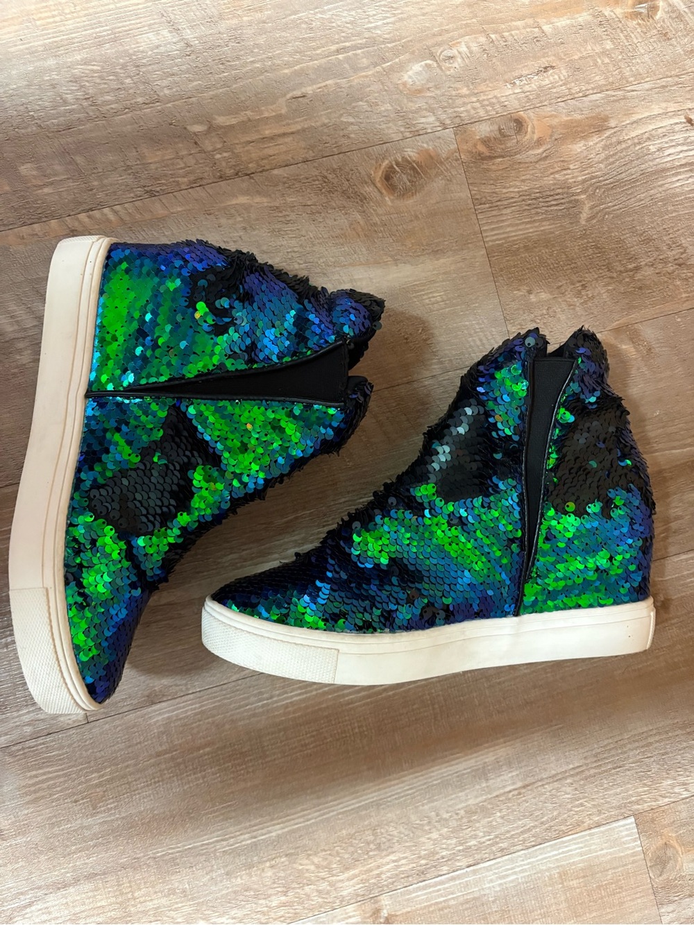 Cape Robbin Blue & Green Sequin Wedge Sneakers with Concealed Heel